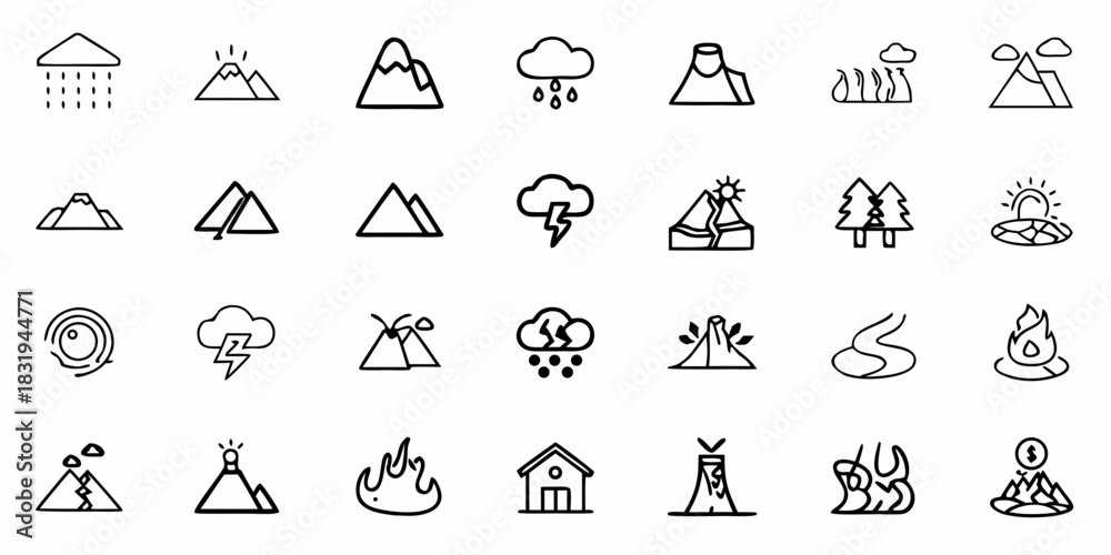 Fototapeta premium Collection of nature icons including mountains, clouds, rain, fire, volcanoes, and other natural elements