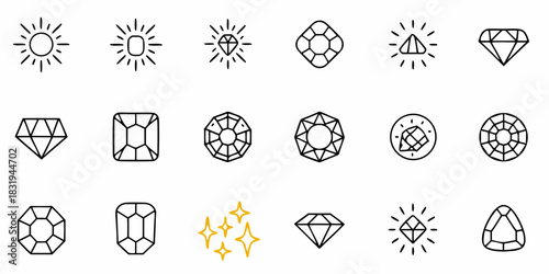 Illustration of various diamond shapes and sunbursts in a line art style with a few golden starbursts