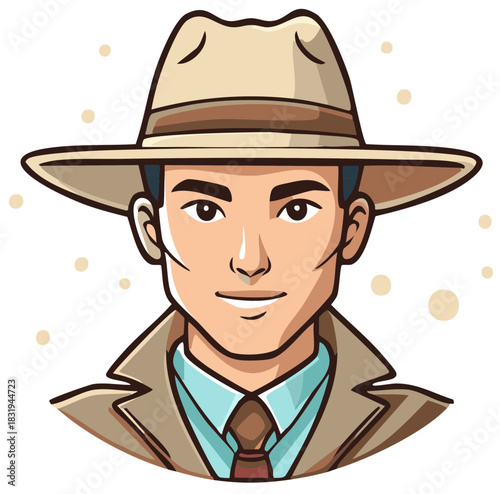 Stylish illustrated man wearing a fedora with a trench coat, retro design.