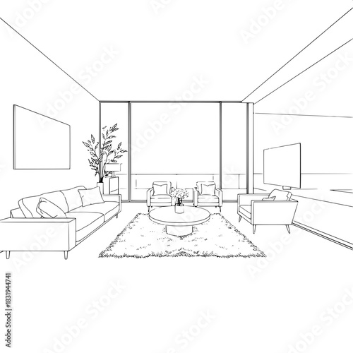 “A precise black-and-white architectural line drawing of a modern living room, featuring a long low sofa on the left, two centered armchairs, a curved coffee table on a shaggy rug, and a large glass w