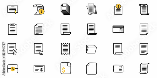 Illustration of various document and financial icons including papers bills and credit cards shown here