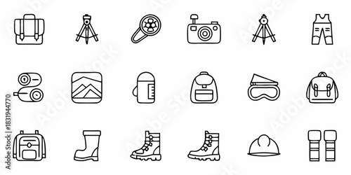 Illustration of various outdoor adventure and hiking equipment in a line art style