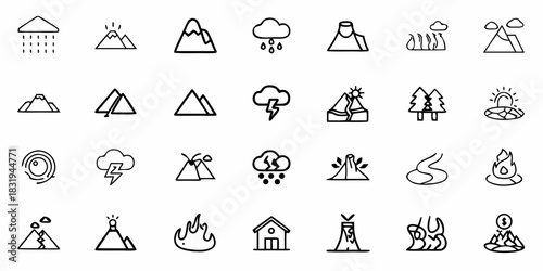 Collection of nature icons including mountains, clouds, rain, fire, volcanoes, and other natural elements