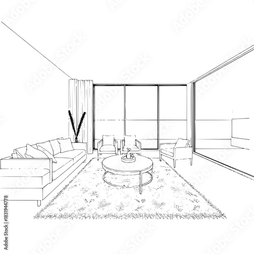 “A precise black-and-white architectural line drawing of a modern living room, featuring a long low sofa on the left, two centered armchairs, a curved coffee table on a shaggy rug, and a large glass w