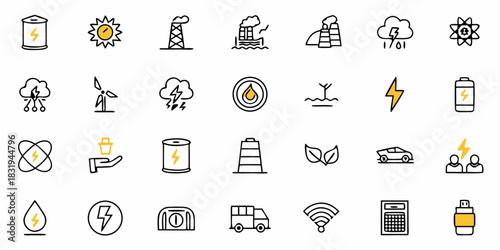 Illustration showing a variety of different energy sources and related environmental concepts icons