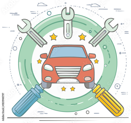 Auto Service Illustration of Car and Repair Tools in Circle