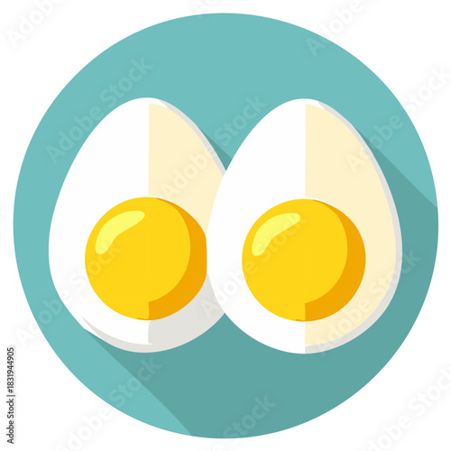 Two perfect hard boiled eggs with bright yellow yolks in a modern flat design style food illustration icon
