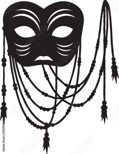 Black masquerade mask with hanging beads and tassels