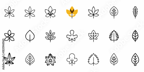 Collection of various leaf icons with different shapes and styles in black and golden color isolated