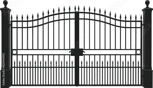 Wrought Iron Driveway Gate Silhouette, Elegant Ornate Black Metal Security Entrance, Decorative Fence Barrier Architecture Design