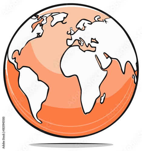 Cartoon earth globe with orange continents and black outline.
