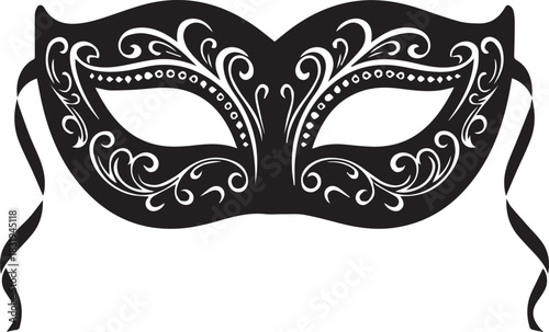Elegant black masquerade mask with ornate white swirls and ribbons