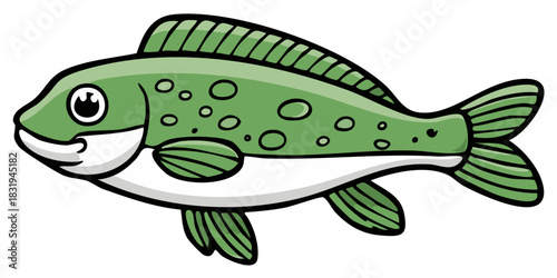 Cartoon green fish with spotted body and wide smile swimming