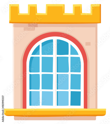 Whimsical cartoon castle window with arched glass and golden battlements design element