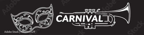 Mardi gras carnival mask and trumpet silhouette on black background