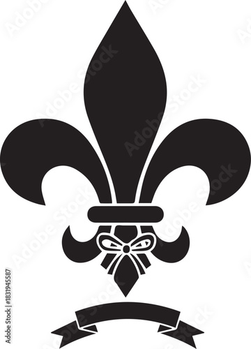 Black fleur de lis symbol with ribbon banner