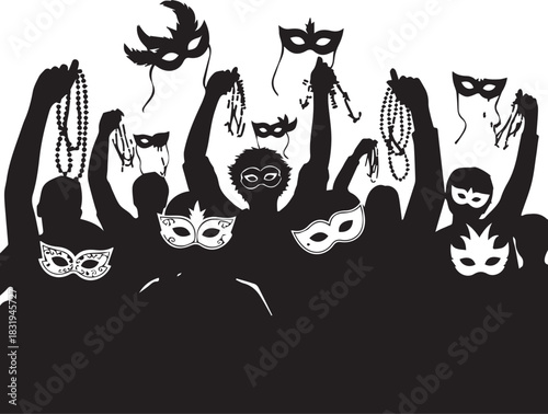 Silhouette of people holding up masquerade masks at a celebration