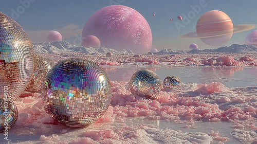Minimalist landscape, snow, winter, planets in the sky, disco balls. - surrealism background.