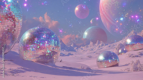 Minimalist landscape, snow, winter, planets in the sky, disco balls. - surrealism background.