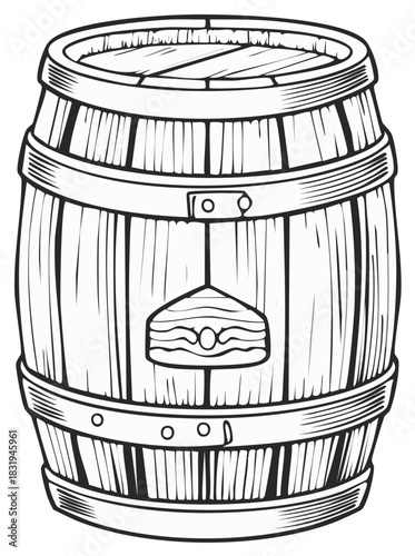 Wooden barrel illustration with decorative wooden sign in line art.