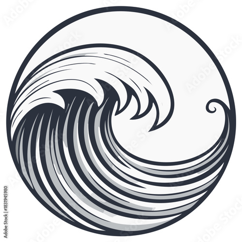 Stylized circular wave emblem representing ocean power and motion