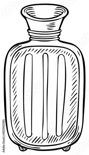 Monochrome doodle of water bottle for hot compress or other healthcare needs.