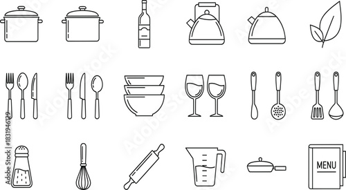 Cooking kitchen utensils icon set vector line art symbols for restaurant food preparation and home culinary