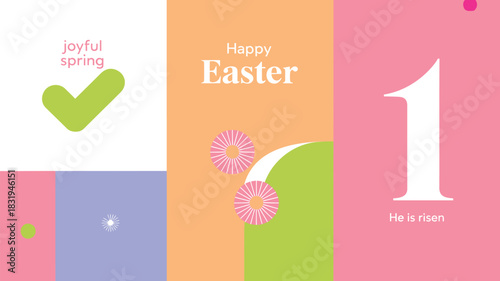 Happy easter celebration with joyful spring greeting and religious message he is risen