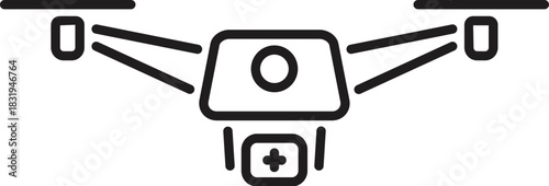 Line drawing of a medical drone carrying a first aid kit, representing quick and efficient healthcare delivery in remote areas