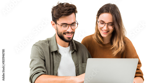Couple looking at laptop with smiling faces against transparent checked background cutout image