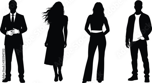 Collection of diverse male and female standing silhouettes in various modern poses, showcasing fashion, casual style, business attire, confidence, and contemporary body posture