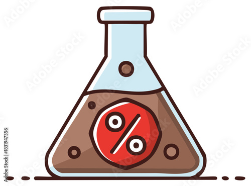 Illustration of laboratory flask with red percentage symbol inside, scientific concept.