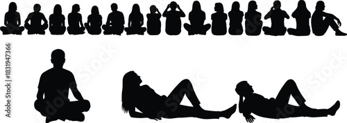 Collection of diverse sitting and lying human silhouettes in various relaxed poses, showcasing meditation, rest, casual posture, mindfulness, leisure, and calm body positions