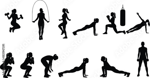 Fitness exercise silhouettes, workout poses, gym training, strength moves, bodyweight exercises, dumbbell routines, cardio drills, black vector icons, healthy lifestyle