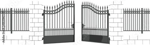 Wrought iron gate, stone pillars, decorative fencing, small dog silhouette, classic entrance, security design, elegant architecture, outdoor scene, home exterior, pet