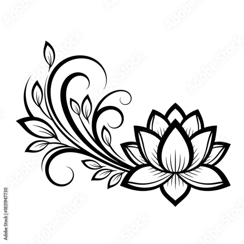 Elegant Black and White Lotus Flower Illustration with Graceful Swirling Floral Ornament and Botanical Leaf Design Elements