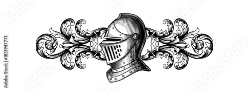 Rendered in a detailed engraving style, this illustration features a medieval knight's helmet in profile, majestically flanked by elaborate, symmetrical swirls of decorative acanthus leaf filigree