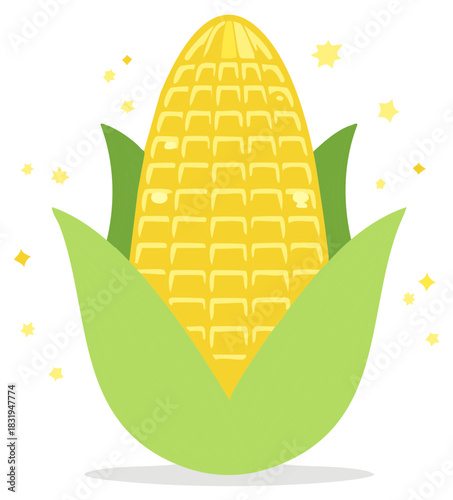 Cartoon illustration of a ripe corn on the cob with leaves and stars.