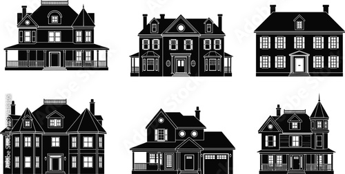 Set of black house silhouette icons showcasing diverse residential architectural styles for urban planning, real estate, and design references