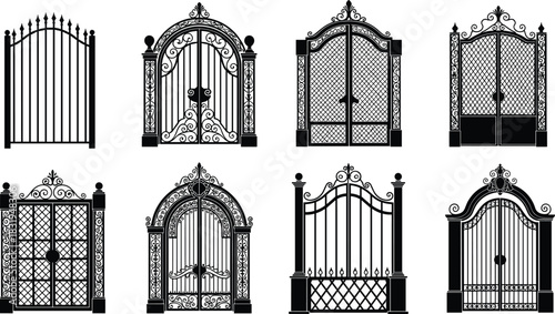 Wrought iron gates and fence silhouettes vector collection, ornamental metal antique architecture door, vintage classic castle doorway, ornate black royal decoration isolated.
