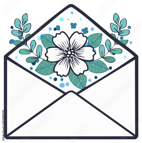 Floral delivery envelope showcases a stylized bloom and leaves surrounded by abstract blue dots for digital greetings and invitation designs