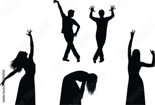 Expressive dance silhouettes of men and women performing artistic movement poses, showcasing creativity, emotion, rhythm, contemporary choreography and dynamic body motion