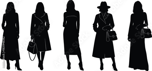 Elegant women fashion silhouettes wearing stylish coats and dresses, modern vector illustration of female style, accessories, posture, elegance, and luxury design