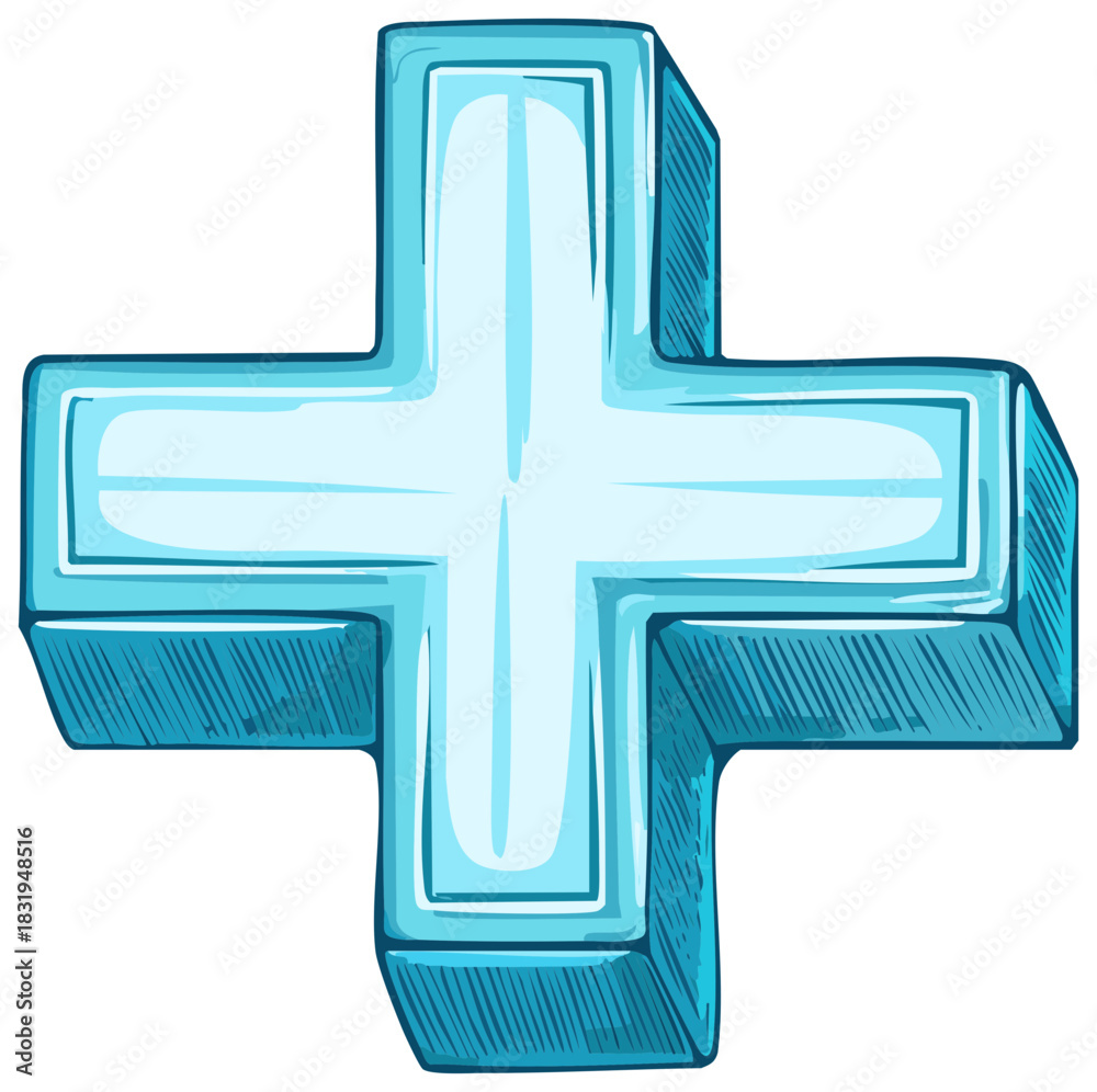 Fototapeta premium Shiny Blue 3D Plus Sign Vector Cartoon Illustration