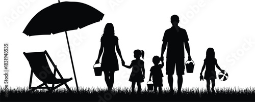 Family walking together on beach with children carrying buckets, summer vacation silhouette scene with umbrella and chair on grassy shoreline background