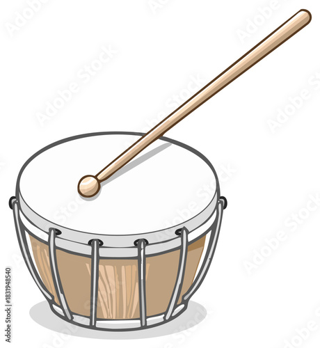 Cartoon drum with a wooden drumstick resting on its surface