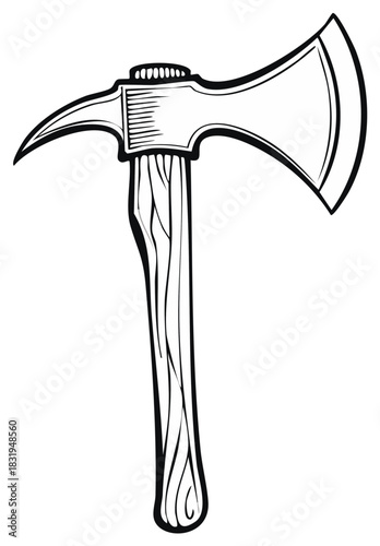 Firefighter axe with pick head and wooden handle in a black and white line art style