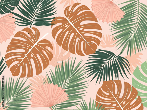 Modern botanical background design with stylized terracotta monstera and green palm leaves in a seamless vector pattern