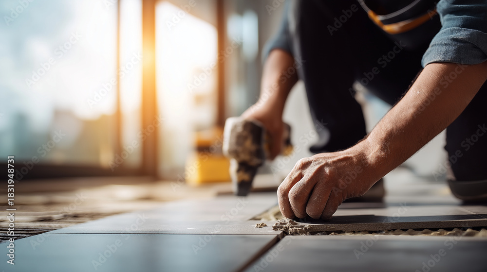 Obraz premium Faceless professional tiler installing ceramic tile on bathroom floor surface defocused home indoors background renovation flooring work floor tile installation professional