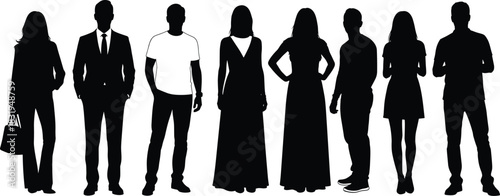 Group of diverse men and women standing together in various outfits, people silhouettes collection, lifestyle fashion figures, community illustration design